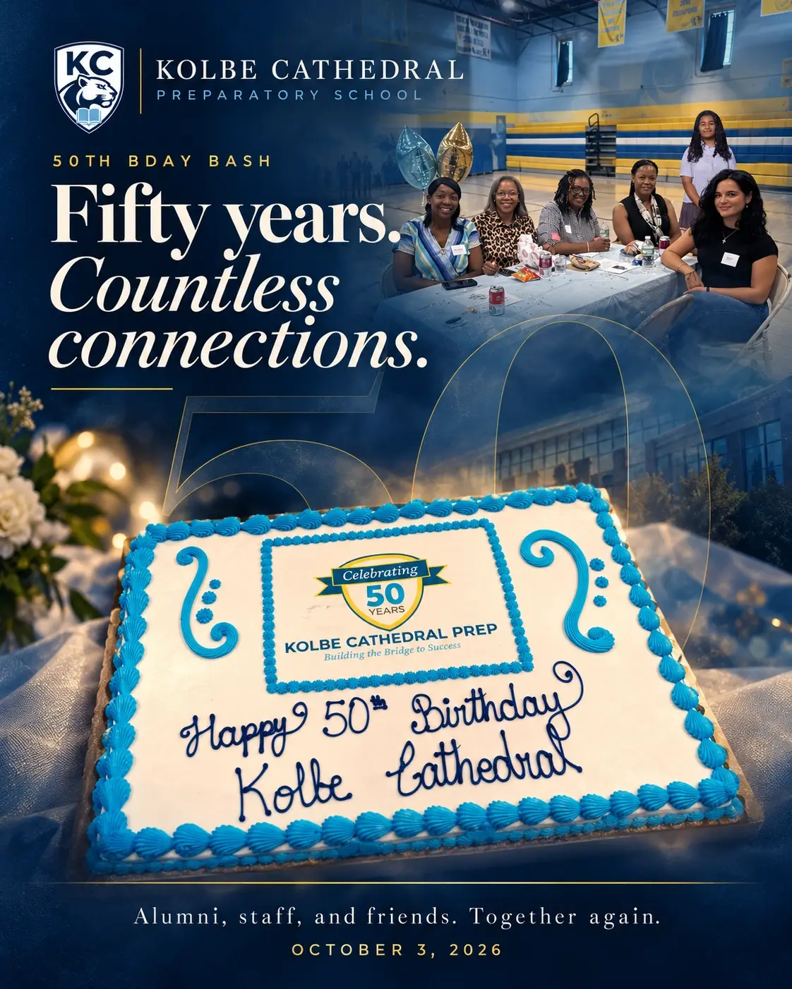 The 50th birthday sheet cake, iced “Happy 50th Birthday Kolbe Cathedral.” Fifty years, countless connections. Alumni, staff, and friends, together again.