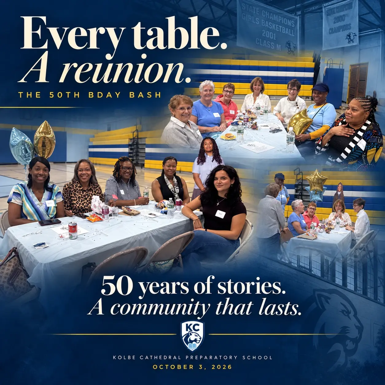 Guests seated together at long tables in the Kolbe gym. Every table, a reunion: 50 years of stories, a community that lasts.