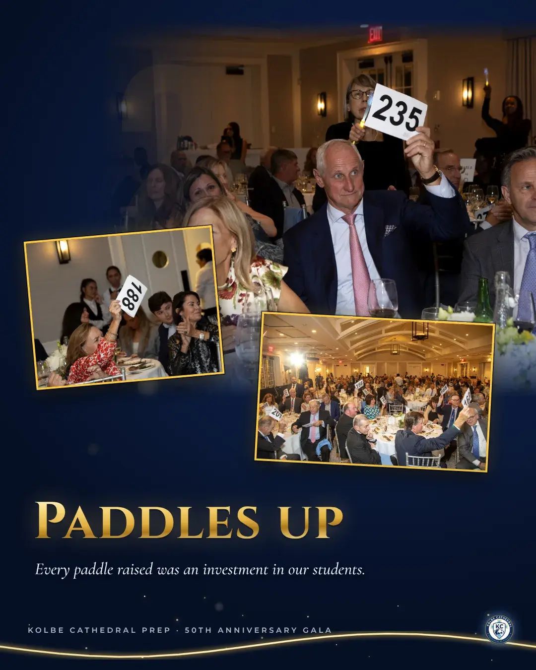 Guests raising numbered paddles during the paddle raise. Paddles up: every paddle raised was an investment in our students.