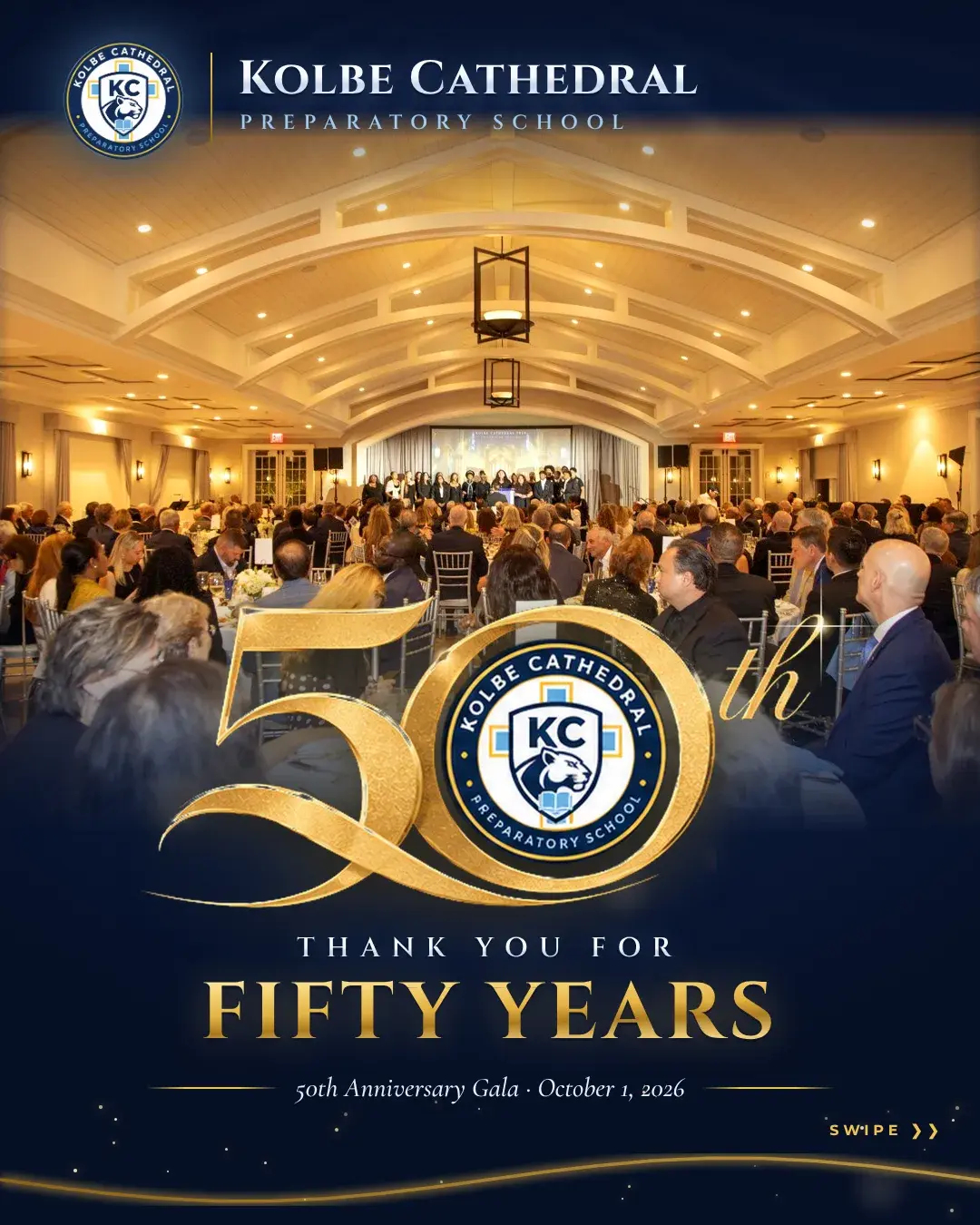 A full ballroom under the gold 50th anniversary emblem. Thank you for fifty years. 50th Anniversary Gala, October 1, 2026.