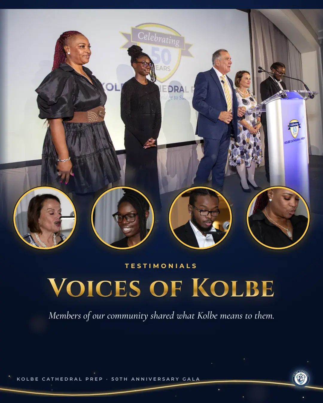 Speakers on stage, with four portrait close-ups of speakers at the microphone. Testimonials: Voices of Kolbe. Members of our community shared what Kolbe means to them.