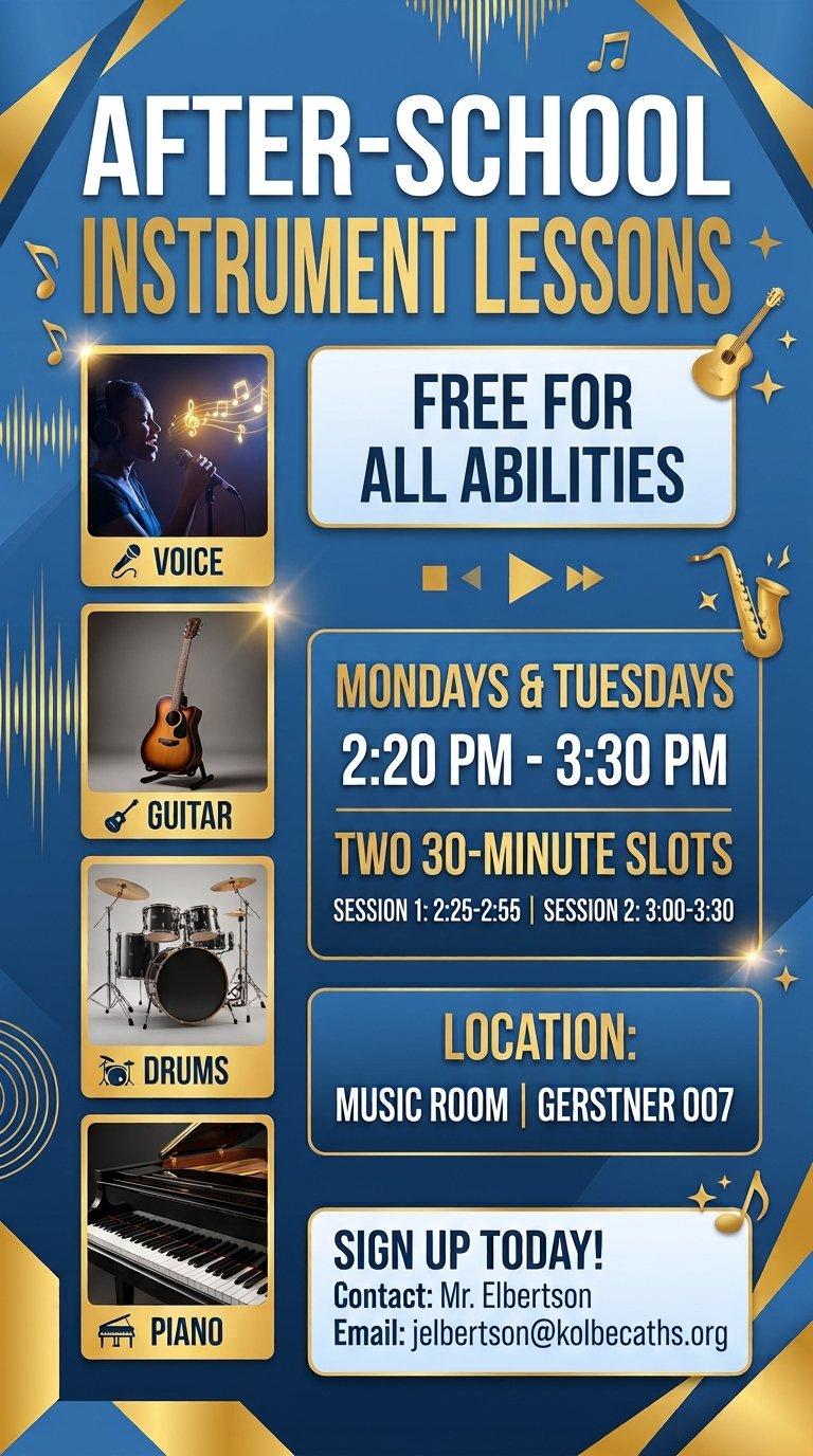 Vertical version of the After-School Instrument Lessons flyer with the same details.
