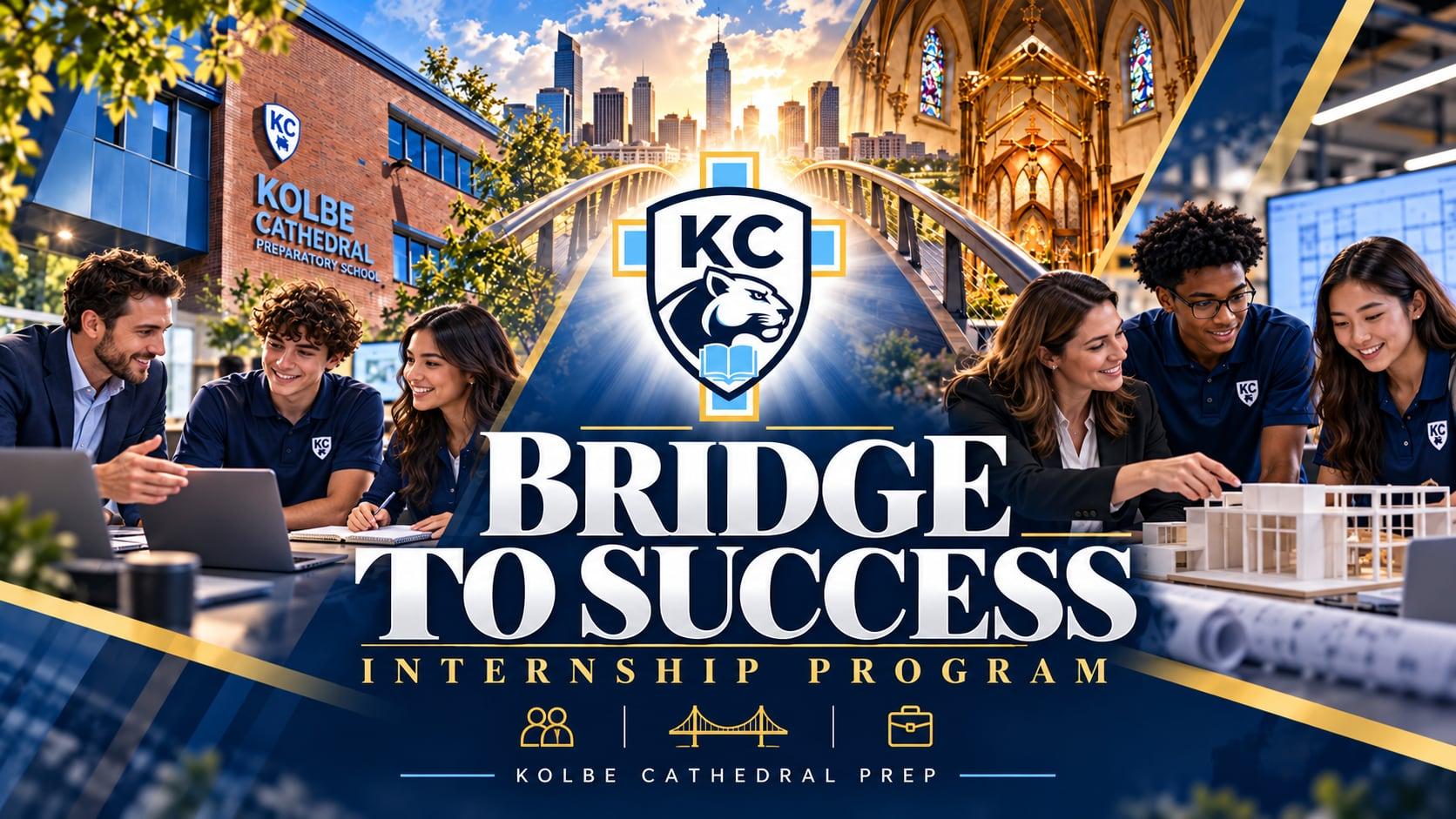 Bridge to Success Internship Program, Kolbe Cathedral Prep: students working with professional mentors at laptops and an architectural model, the KC crest over a bridge to the city skyline, the cathedral, and the school building.